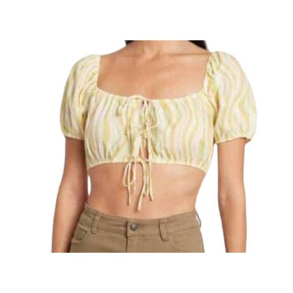 Elodie top Cropped Puff-Sleeve Tie-Front striped Large L - Picture 1 of 6